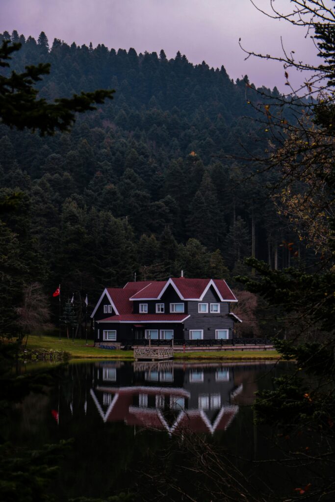 Idyllic lakeside house surrounded by dense forest in Bolu, Turkey, with a stunning reflection view.